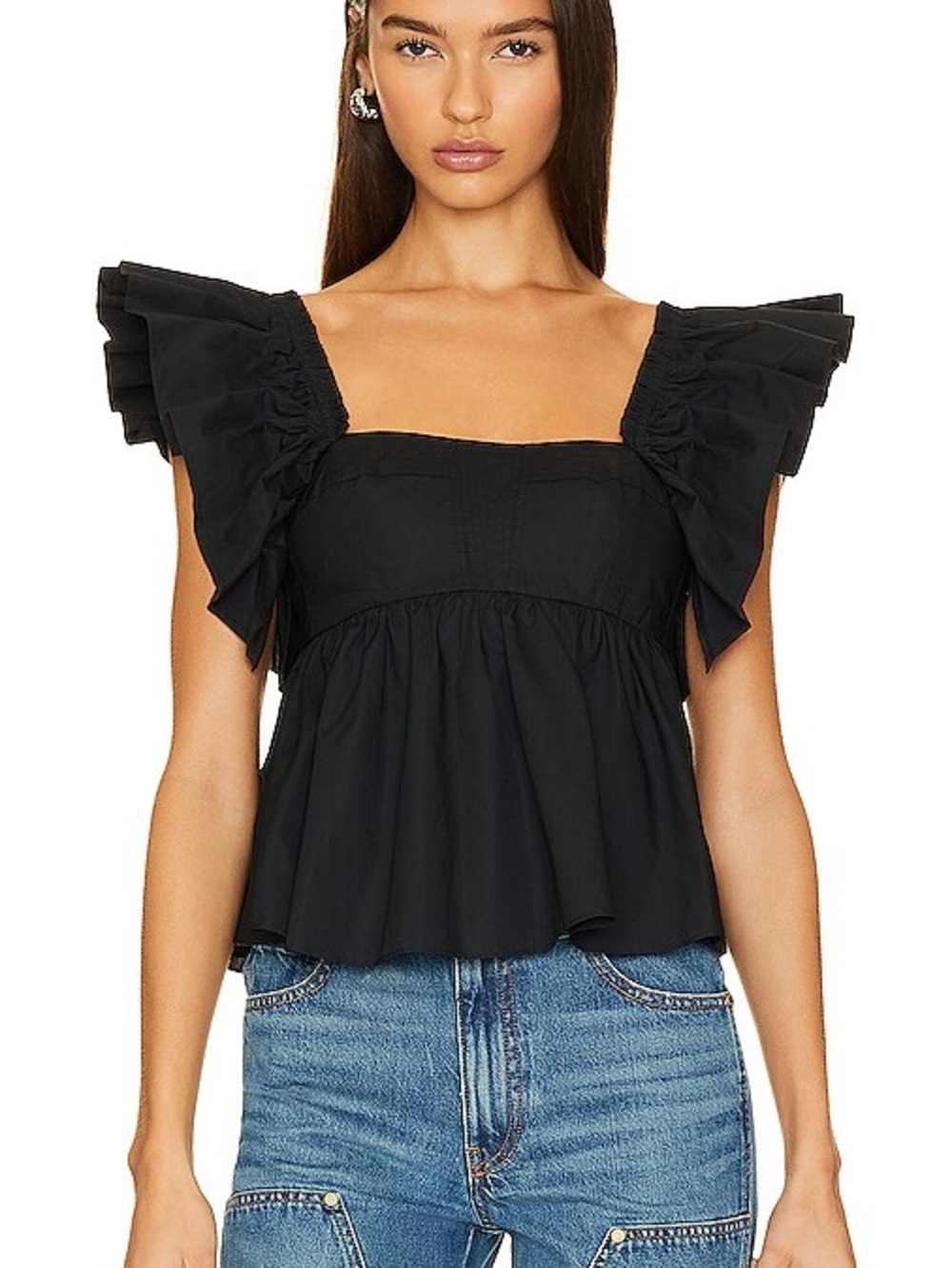 Ulla Johnson Black Ruffle-Sleeve Peplum Romi Blouse
